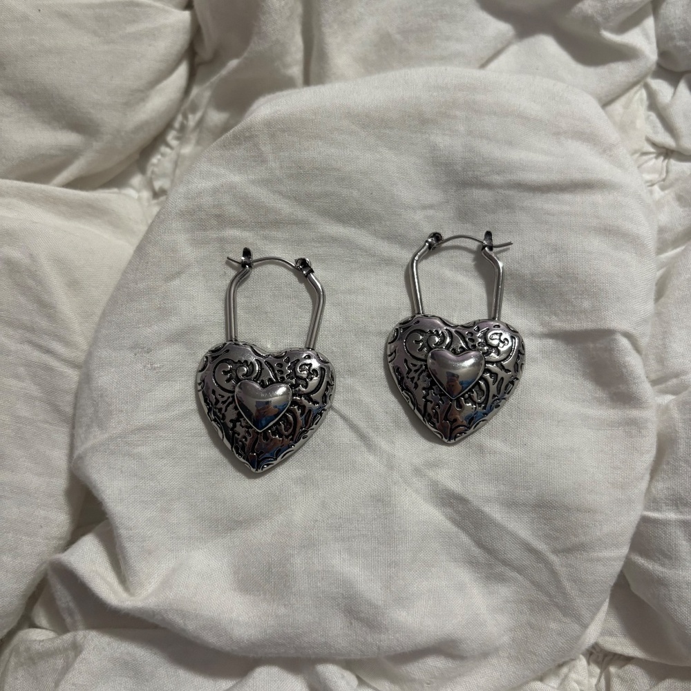 Heart Locket Drop Earrings - Silver Tone - Picture 2 of 5
